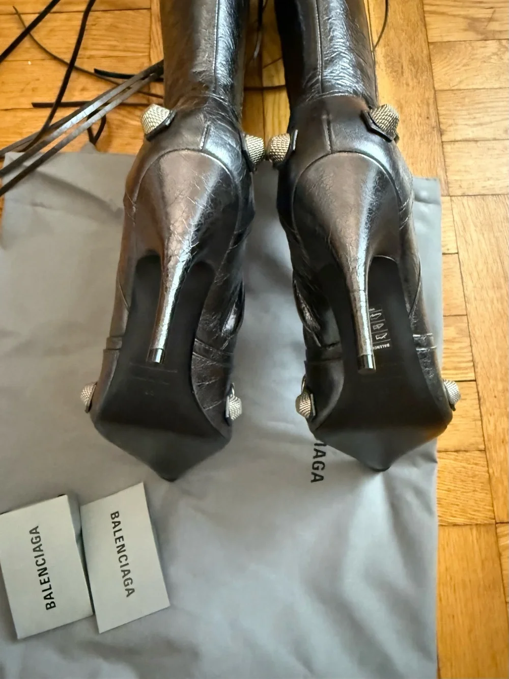 BALENCIAGA Le Cagole studded crinkled-leather knee boots